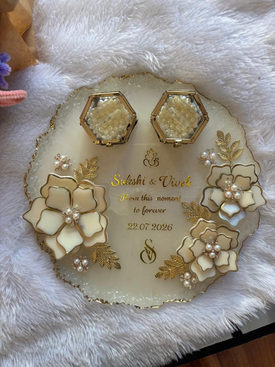 Round Resin Engagement Ring Platter with 2 Vintage Ring Boxes