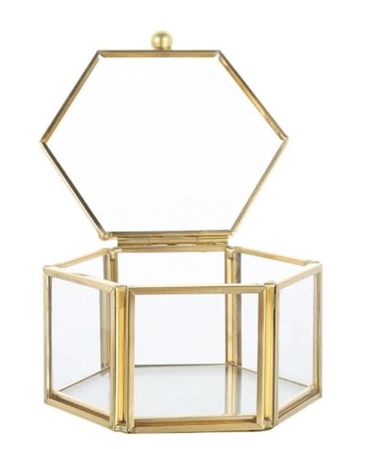 Vintage Hexagon Glass Jewelry Box with Brass Frame