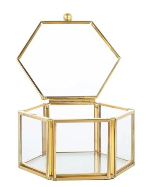 Vintage Hexagon Glass Jewelry Box with Brass Frame