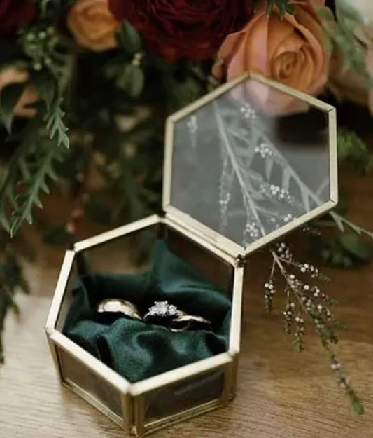 Vintage Hexagon Glass Jewelry Box with Brass Frame