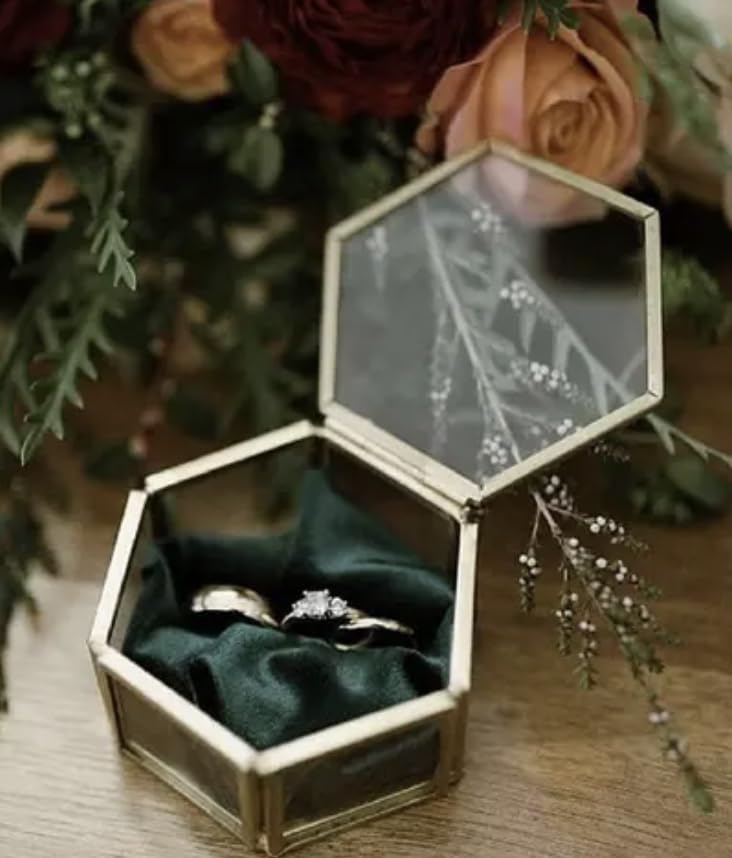 Vintage Hexagon Glass Jewelry Box with Brass Frame