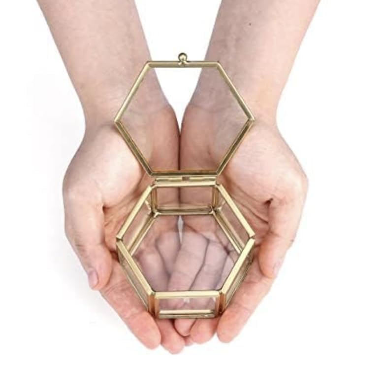 Vintage Hexagon Glass Jewelry Box with Brass Frame