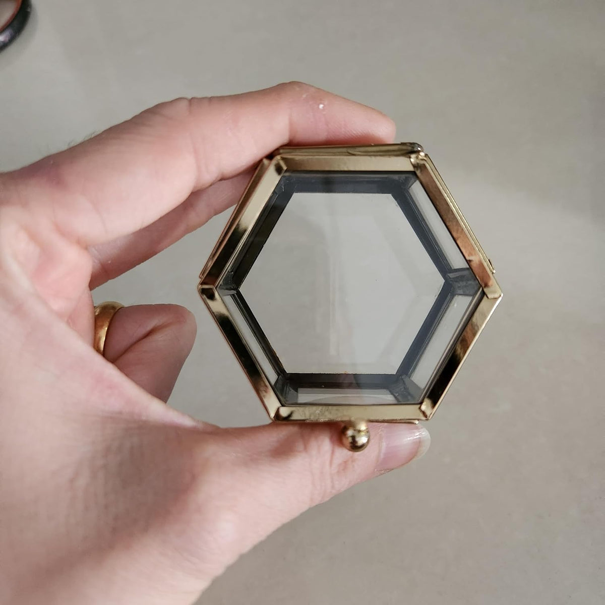 Vintage Hexagon Glass Jewelry Box with Brass Frame