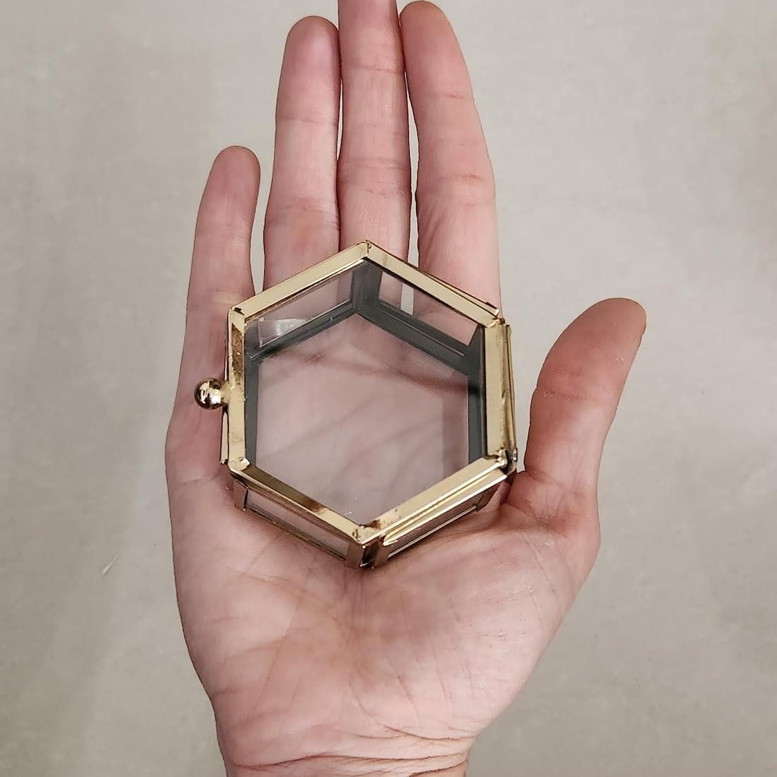 Vintage Hexagon Glass Jewelry Box with Brass Frame