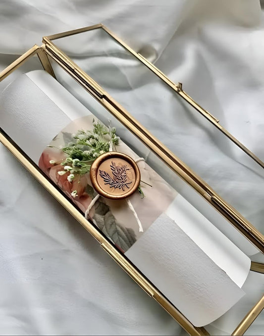 Vintage Glass Display Box with Brass Coating Frame for Wedding Card, Birthday, Festival Invitations, Clear Glass Box for Home Décor, Jewelry Box (9x2x2 Inch)
