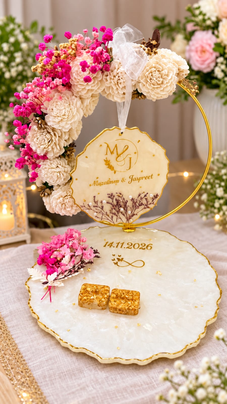 10 Inch Resin Engagement Double Ring Platter | Handmade Decorative Ring Tray for Wedding, Proposal & Anniversary Gifts
