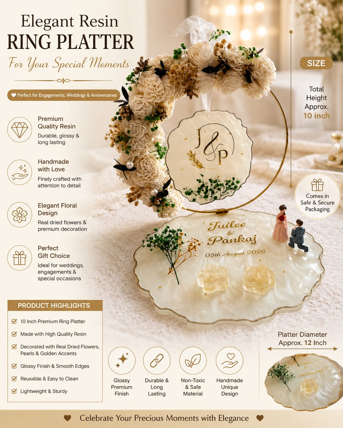 10 Inch Resin Engagement Platter with Ring Holders