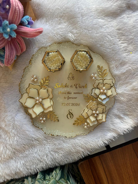 Round Resin Engagement Ring Platter with 2 Vintage Ring Boxes