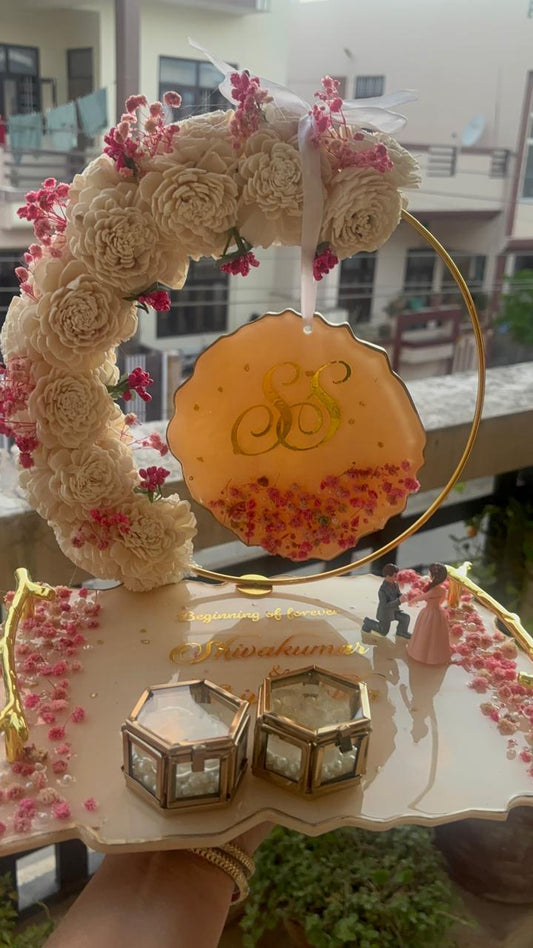 9×11 Inch Personalized Resin Wedding Platter with Double Ring Holders