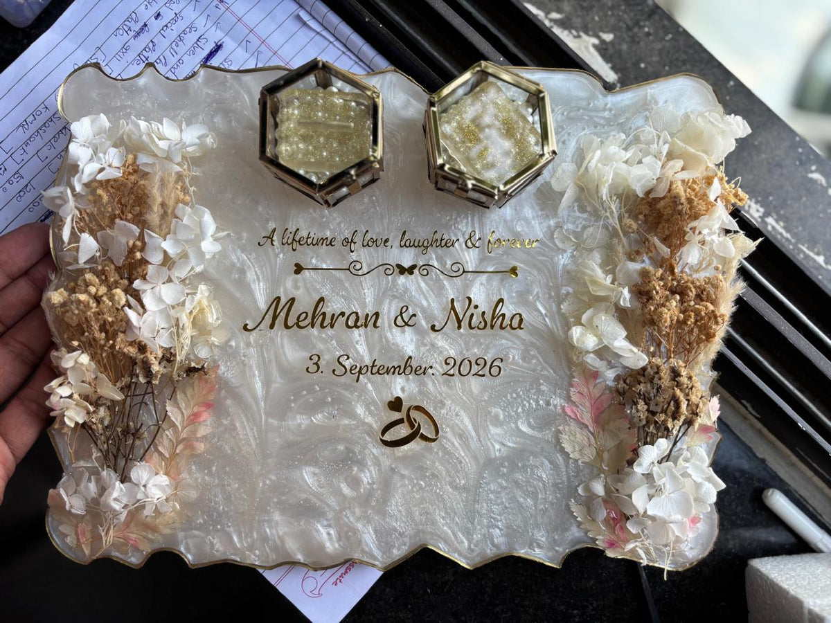 Rectangle Resin Engagement Ring Platter with 2 Vintage Ring Boxes
